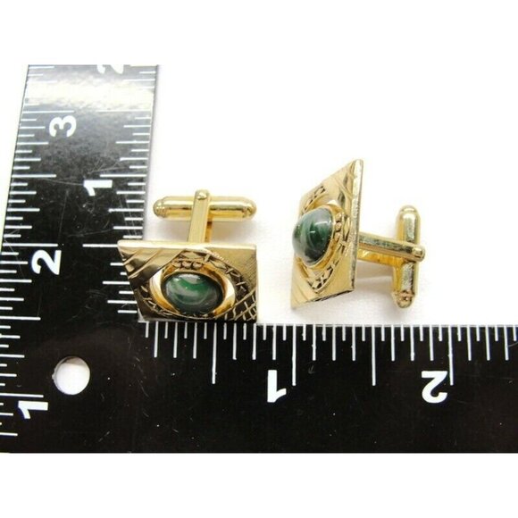Anson Cufflinks Gold Tone Green Stone Tux Shirt Dress Suit Vintage - Picture 3 of 6